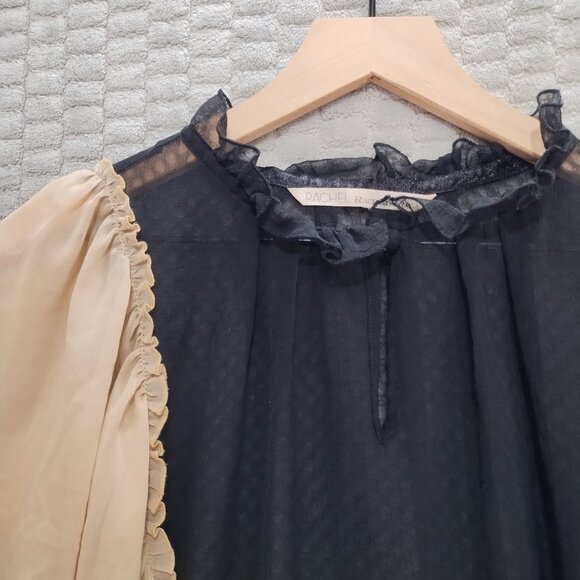 Black and Tan Sheer Blouse Ruffled Collar and Flutter Sleeves-Rachel Roy-Sz M - Picture 2 of 10